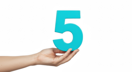 Hand Holding a Bold Cyan Number 5 Isolated on a Transparent PNG Background , Hand, number, five, digit, numeral, figure, cyan, turquoise, blue, holding, showing, presenting
