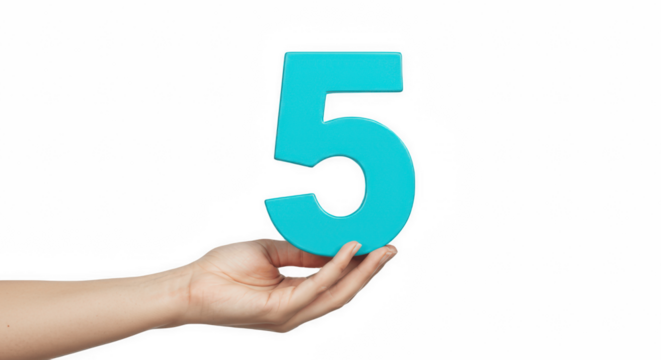 Hand Holding a Bold Cyan Number 5 Isolated on a Transparent PNG Background , Hand, number, five, digit, numeral, figure, cyan, turquoise, blue, holding, showing, presenting