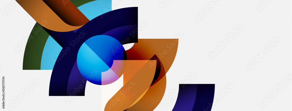 Poster abstract shapes overlap, creating vibrant color blends. blue sphere centers composition, with orange