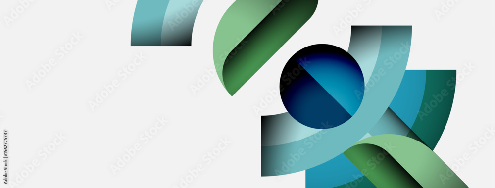 Poster Abstract design features flowing ribbons, blue sphere. Minimalist composition, clean aesthetic, modern visual elements. Subtle gradients create depth.
