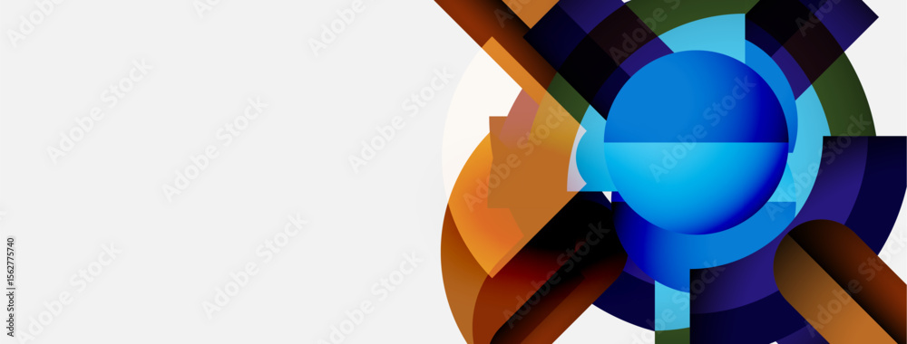 Aufkleber Abstract design features colorful overlapping arcs forming circular pattern. Bright blue sphere dominates central area. Minimalist composition.