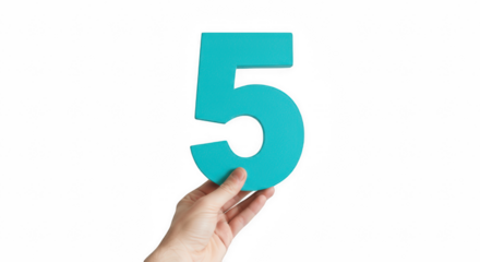 Hand Holding a Bold Cyan Number 5 Isolated on a Transparent PNG Background , Hand, number, five, digit, numeral, figure, cyan, turquoise, blue, holding, showing, presenting