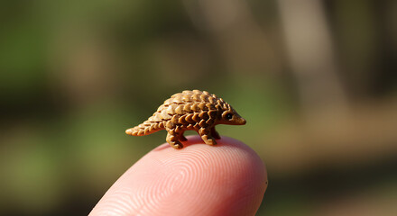 Fototapeta premium Tiny Pangolin Figurine Balanced on a Finger