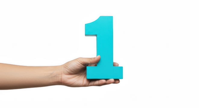 Hand Holding a Bold Cyan Number 1 Isolated on a Transparent PNG Background , Hand, number, one, digit, numeral, figure, cyan, turquoise, blue, holding, showing, presenting