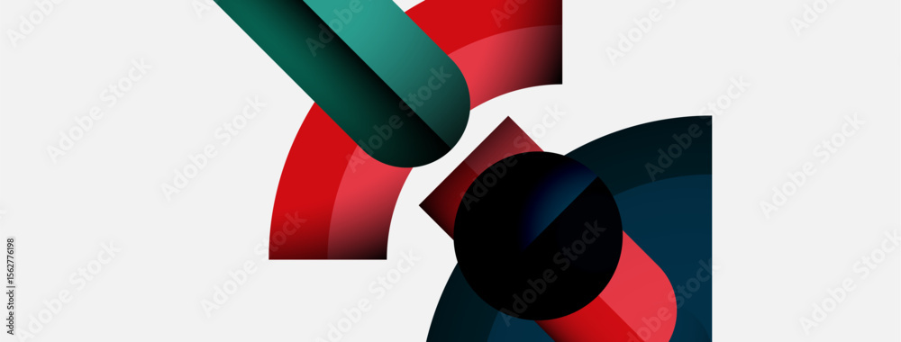 Poster Abstract shapes overlap, creating dynamic composition. Red, teal, black colors dominate white background. Modern design elements present.