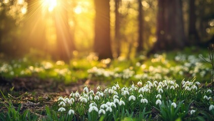 Sunlit forest floor blanketed in spring flowers