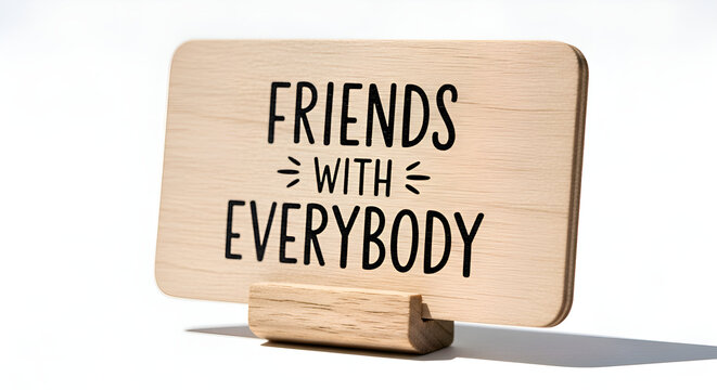 A mini inspirational quote board with text 'Friends with Everbody' with wooden stand, isolated on white