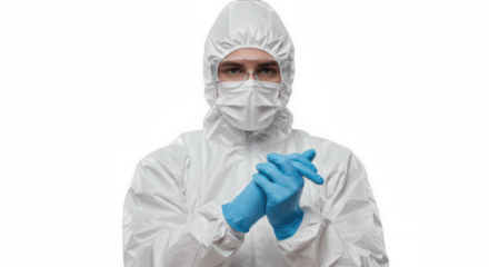 Doctor in White Hazmat Suit Putting On Blue Gloves, Isolated on Transparent PNG Background , Doctor, scientist, healthcare, medical, professional, worker, PPE, hazmat, suit, protective