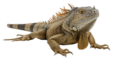 Obraz premium Green Iguana Facing Camera, Isolated on Transparent PNG Background , Iguana, green iguana, reptile, lizard, animal, creature, pet, exotic pet, green, brown, scales, scaly