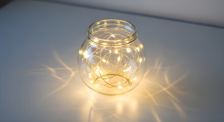 A round glass jar with fairy lights inside, placed on pure white surface dark condition