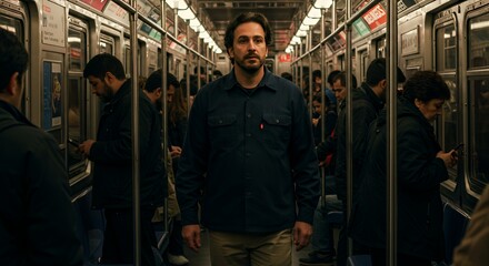 A pensive man stands amidst the bustling crowd of a car, lost in thought as the train rushes through the city.