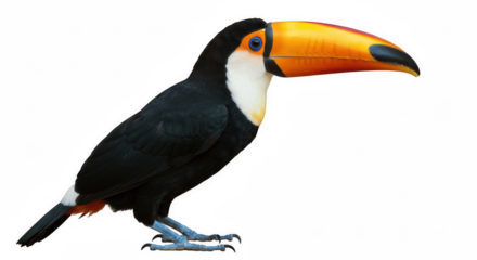 Toco Toucan in Profile with Large Orange Beak, Isolated on Transparent PNG Background , Toucan, Toco Toucan, bird, tropical bird, exotic bird, avian, beak, large beak, orange beak

