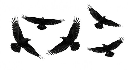 Obraz premium Flying Black Ravens or Crows, Isolated on Transparent PNG Background , Raven, crow, bird, black bird, avian, flying, flight, wings, wings spread, soaring, flapping, dynamic