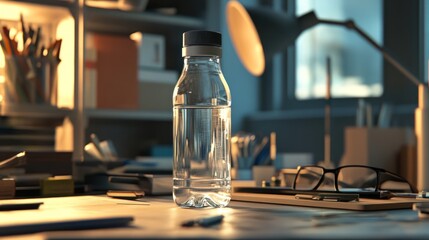 Hydration at the Desk: A Still Life of a Water Bottle on an Office Table
