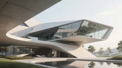 Obraz premium Modern Architectural Structure with Curved Glass Facade and Reflective Pool