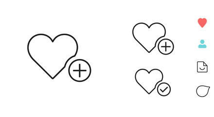 Collection of heart icons with plus and checkmark symbols for user interface design elements