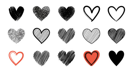 Collection of hand drawn hearts showing different textures and colors for romantic themes and designs