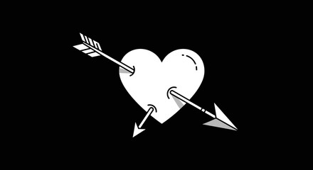 A stylized white heart pierced by two arrows against a stark black background symbolizing love and vulnerability