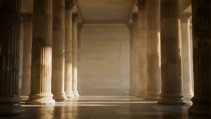 Grand Roman Marble Columns with Symmetrical Layout – Soft Golden Light Casting Shadows on Polished Stone Floor, Neutral Background with Central Open Space for Text or Design Placement