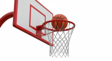 Basketball Ball Going Into the Hoop and Net Isolated on a Transparent Background , Basketball, hoop, net, backboard, scoring, point, basket, goal, swish, slam dunk, shooting, shot