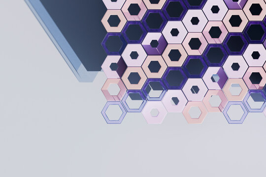  3D render of layered hexagonal geometry in purple and pink tone