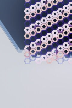  3D render of hexagonal wall structure with mirror reflection