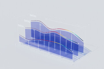  3D render of layered data graph in transparent blue volume
