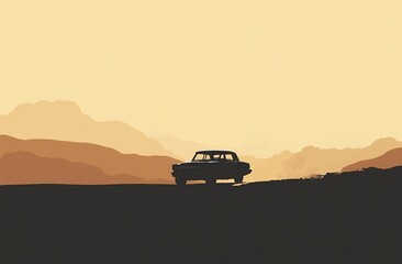 Fototapeta premium Silhouette of a vintage car driving on a road with dust clouds, minimalist vector style
