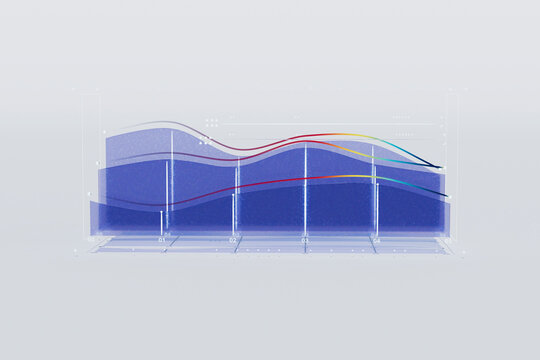  3D render of right-angled data chart with colored trend lines