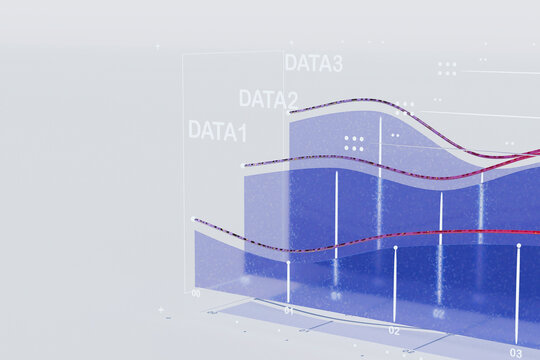 3D render of clean volume chart with colored data trends