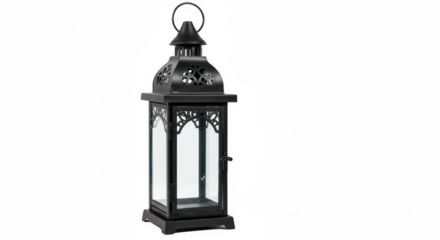 Decorative Black Metal Lantern with Glass Panes, Isolated on Transparent PNG Background , Lantern, lamp, light, candle holder, decorative lantern, object, accessory, black, metal, glass
