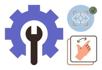 Gear and wrench symbolize settings and tools. Eye with focus target shows vision and accuracy. Gesture icon refers to interaction. Ideal for settings, customization, focus, precision, usability