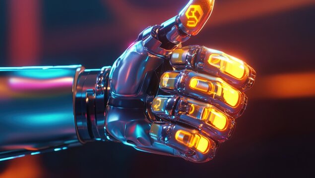 Close-up of a metallic robotic hand giving a thumbs-up gesture, illuminated by vibrant neon lights