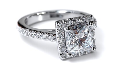 shiny platinum ring holding a square princess diamond displayed on white background, perfect for high-end jewelry marketing and diamond showcase visuals