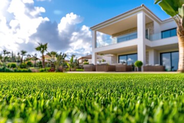 Lush artificial turf lawn in front of a modern house