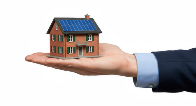 Hand in Suit Holding a Model House Isolated on Transparent PNG Background