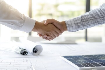 Two colleagues shake hands over blueprints and solar panel, signifying a successful business deal or project agreement