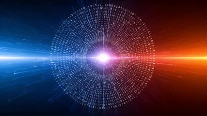 Ring of digital binary code. Red and blue hues contrast. Bright light emerges from the center - Powered by Adobe