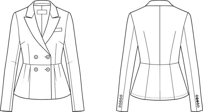 Double-breasted women’s blazer fashion flat sketch, tailored jacket technical drawing, vector coat template, stylish formalwear outline for designers. flat vector illustration