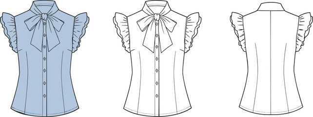 Elegant women’s blouse technical sketch, ruffle sleeves, bow tie front shirt, fashion flat vector, garment design illustration, sleeveless top. flat vector illustration
