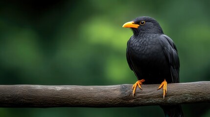 Obraz premium Black Bird with Bright Orange Beak Perched on a Branch in Nature Scene