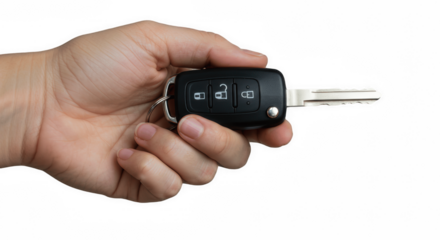 Hand holding car key remote isolated on transparent PNG background for automotive, security, and technology concepts