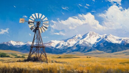 Rustic windmill on a golden field, mountains in the background, a scenic landscape