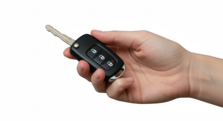 Hand holding car key remote isolated on transparent PNG background for automotive, security, and technology concepts