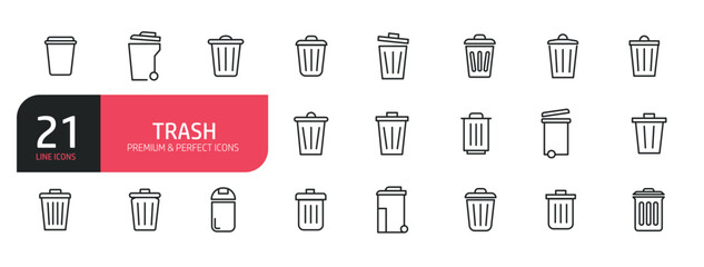 Set of line icons related to waste basket, trash can, recycle bin. Outline icons collection. Editable stroke. Vector illustration