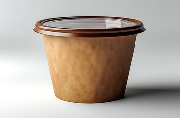 Brown Paper Takeout Container with Transparent Lid on Gray Background

