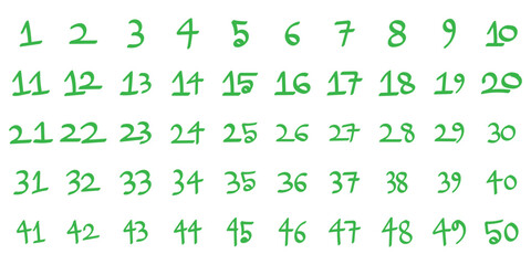Handwritten Numbers 1–50 Chart. Playful Handwritten Number Grid (1–50). Educational Number Display: 1 to 50 in Handwritten Style. eps 10