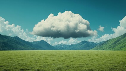 Vast green meadow, mountains, single cloud, serene landscape