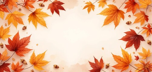 Fototapeta premium Autumn foliage and acorn templates, autumn background images, plants, nature, banner textures advertising posters