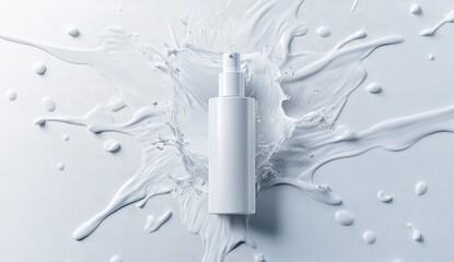 White cosmetic bottle amidst flowing liquid splash